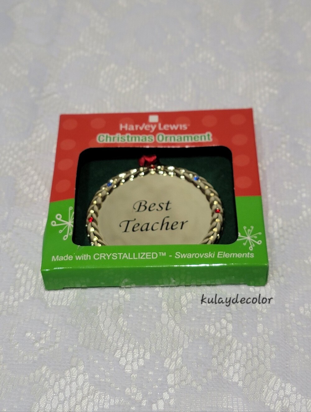 Harvey Lewis Best Teacher Gold Christmas Ornament with Swarovski Elements Retire